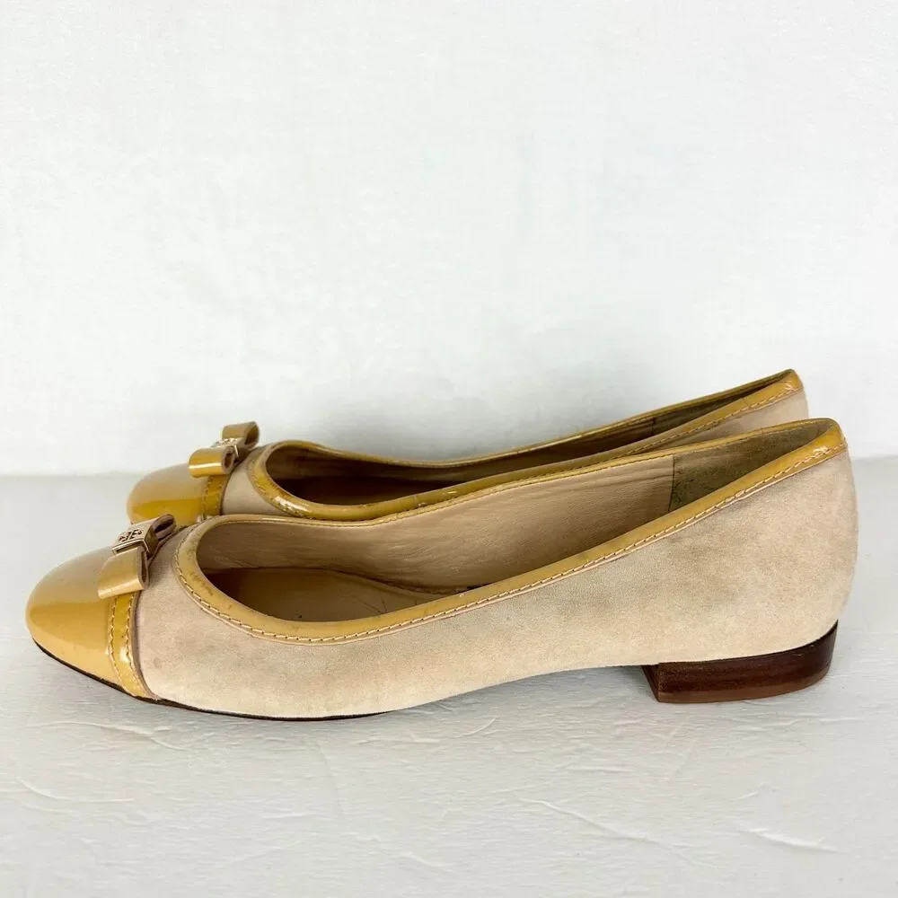 Tory Burch Cap Toe Ballet Flats Size 9 Suede Patent Leather Butter Yellow Tan